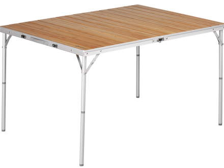 Camping table with wooden surface and metal frame on a white background