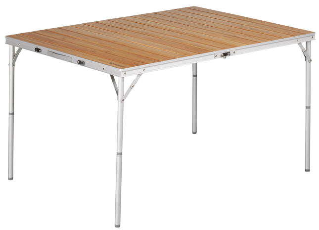 Camping table with wooden surface and metal frame on a white background