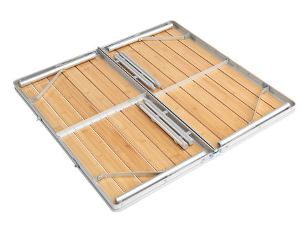 Wooden folding table with metal frame on a white background