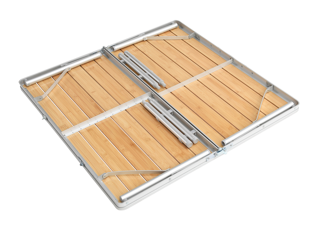 Wooden folding table with metal frame on a white background