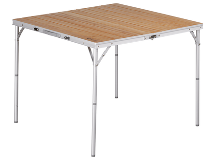 Wooden folding table with metal legs on a white background