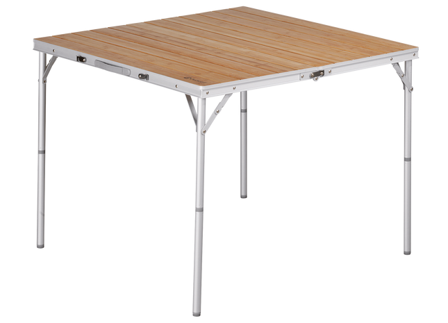 Wooden folding table with metal legs on a white background