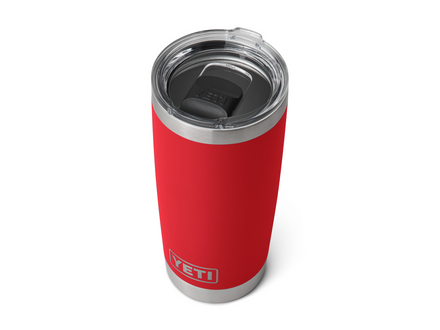 Red YETI tumbler with a silver lid on a white background