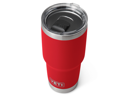 Red YETI Rambler 30oz with silver lid on white background