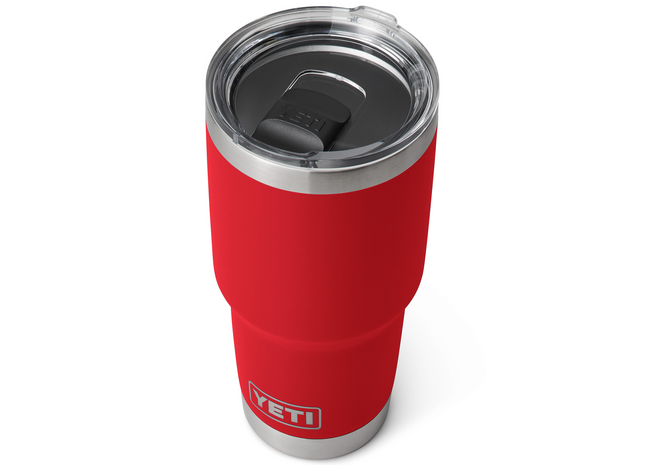 Red YETI Rambler 30oz with silver lid on white background