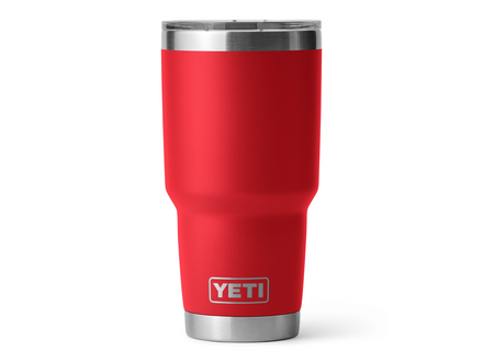 Red YETI tumbler with a silver rim on a white background