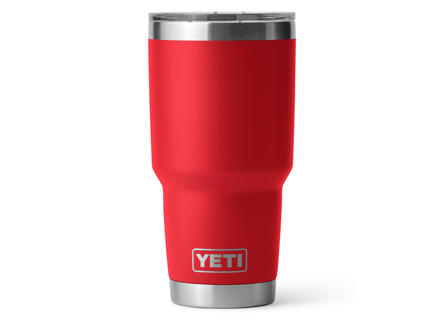 Red YETI tumbler with a silver rim on a white background