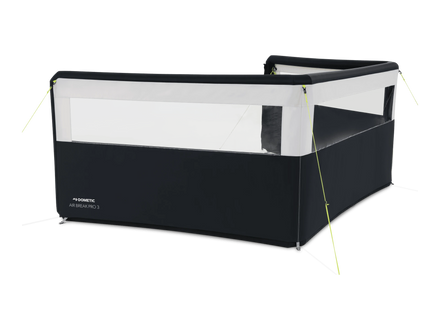 Black and transparent camping screen with brand logo on a white background