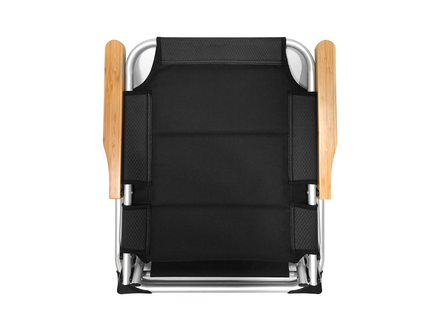 Black folding chair with wooden armrests on a white background