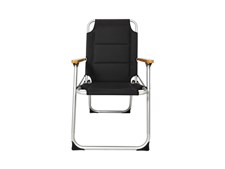 Black folding chair with metal frame on a white background