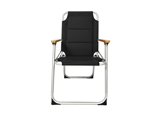 Black folding chair with metal frame on a white background