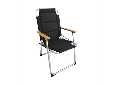 Black camping chair with wooden armrests on a white background
