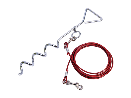 A silver metal spiral hook with a red coiled cable and clips attached, photographed on a plain white background.
