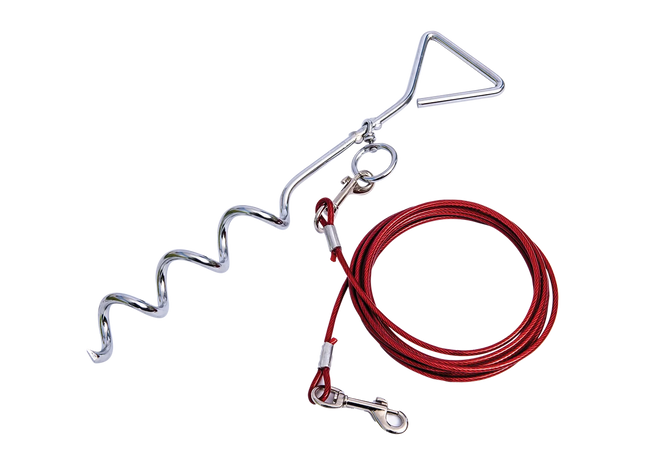 A silver metal spiral hook with a red coiled cable and clips attached, photographed on a plain white background.