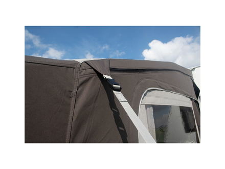Close-up of a brown awning with storm straps on a clear sky background