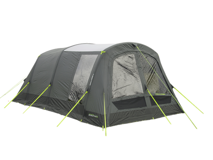 Gray camping tent with yellow poles on a white background