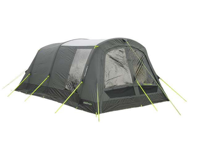 Gray camping tent with yellow poles on a white background