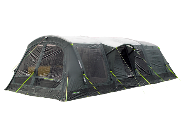 Large camping tent with multiple rooms on a white background