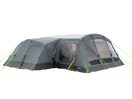 Large gray camping tent with green accents on a white background