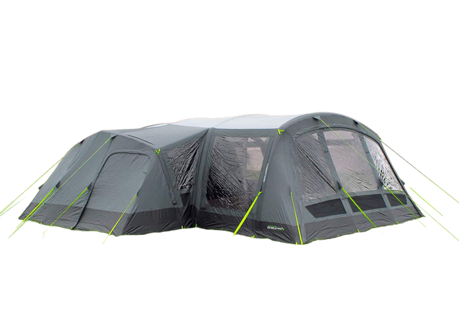 Large gray camping tent with green accents on a white background
