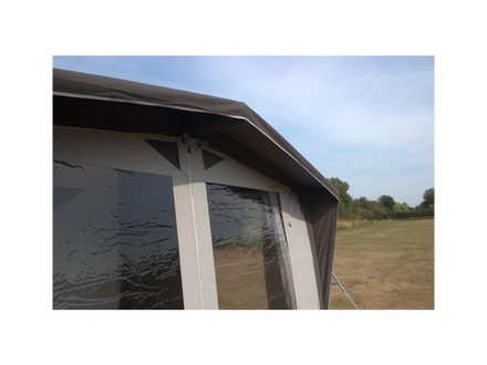 Partial view of an aening with a clear sky and field background