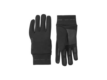 Pair of black gloves with text on a white background
