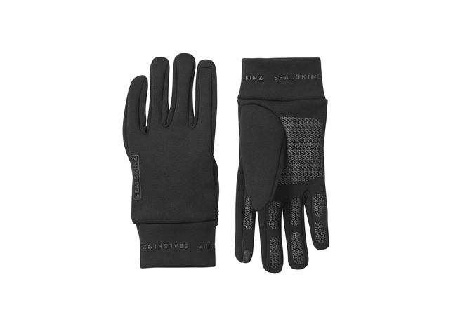 Pair of black gloves with text on a white background