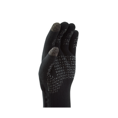 Black glove with textured palm on a white background