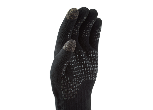 Black glove with textured palm on a white background