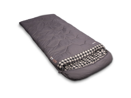 Gray sleeping bag with checkered interior on a white background