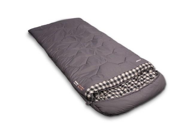 Gray sleeping bag with checkered interior on a white background