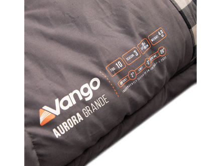 Vango Aurora Grande sleeping bag with branding and specifications on a white background