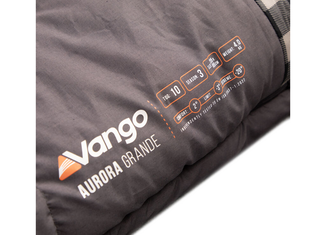 Vango Aurora Grande sleeping bag with branding and specifications on a white background