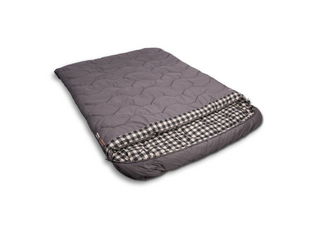 Gray quilted blanket with checkered border on a white background