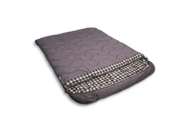 Gray quilted blanket with checkered border on a white background
