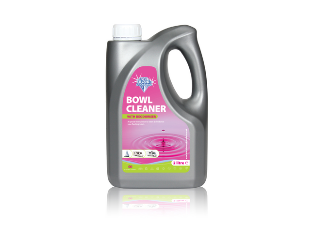 Bowl cleaner bottle with pink label on a white background
