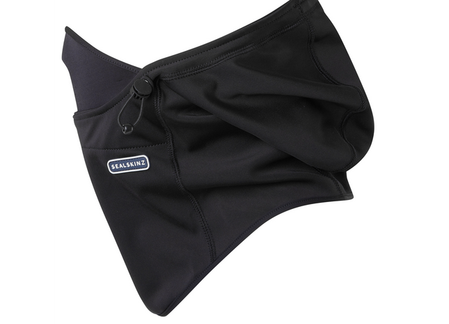 Black neck gaiter with a brand logo on a white background
