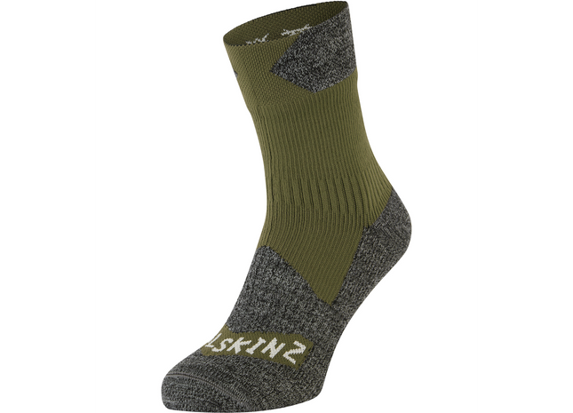Green and gray sock with 'SEALSkinz' branding on a white background