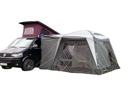 Van with a gray inflatable tent attached to its side on a white background