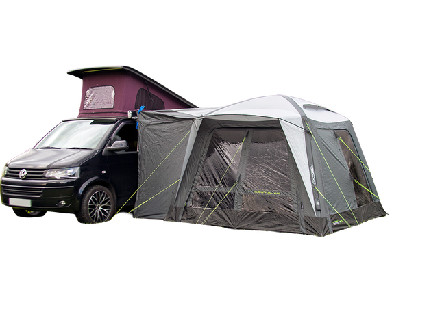 Van with a gray inflatable tent attached to its side on a white background