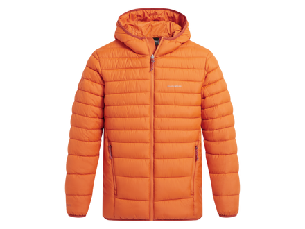 An orange hooded puffer jacket with horizontal quilting, shown flat against a solid white background. The brand name 'CLOUDSWEAT' is printed in small white letters on the left chest.