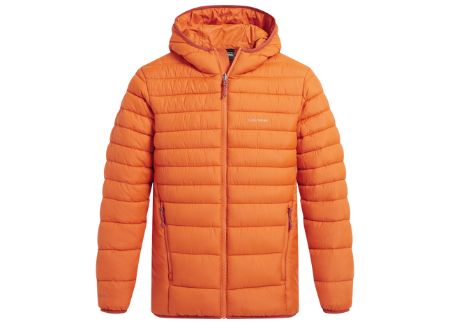 An orange hooded puffer jacket with horizontal quilting, shown flat against a solid white background. The brand name 'CLOUDSWEAT' is printed in small white letters on the left chest.