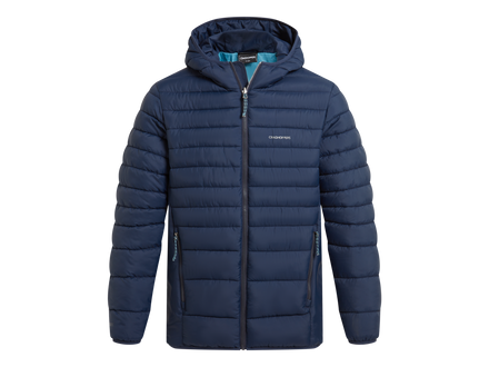 A navy blue hooded puffer jacket with horizontal quilting, a full-length front zipper, and zippered hand pockets, shown on a plain white background.