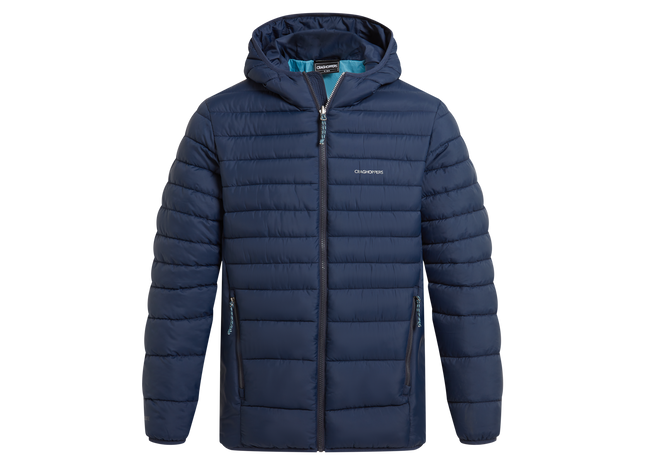 A navy blue hooded puffer jacket with horizontal quilting, a full-length front zipper, and zippered hand pockets, shown on a plain white background.