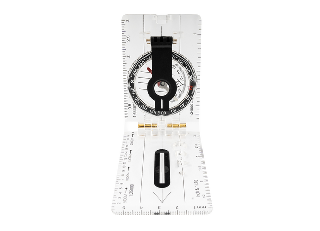 A folding plastic divider and angle-measuring tool with a black clip, black central slider, white ruler sections, and small gold-toned accents, shown open on a plain white background.