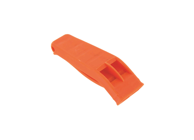 An orange plastic safety whistle or signal device, isolated on a solid white background.