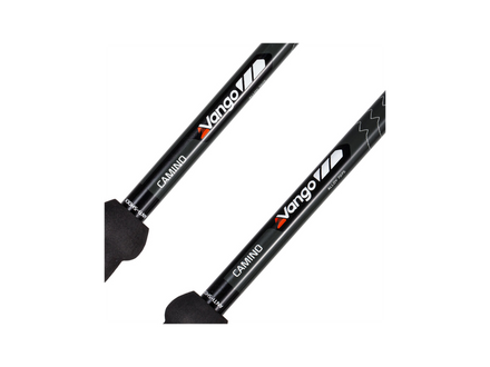 Two black Vango hiking poles on a white background