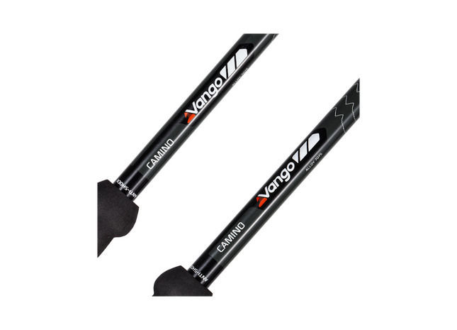 Two black Vango hiking poles on a white background