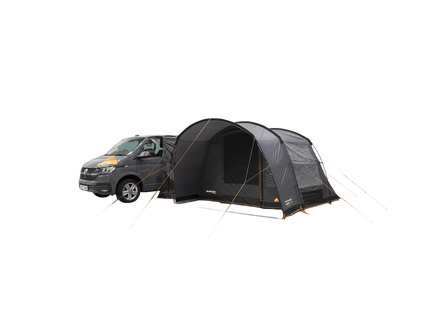 A Dark grey poled awning with a front poarch area, attached to a grey camper van, shown on a white background