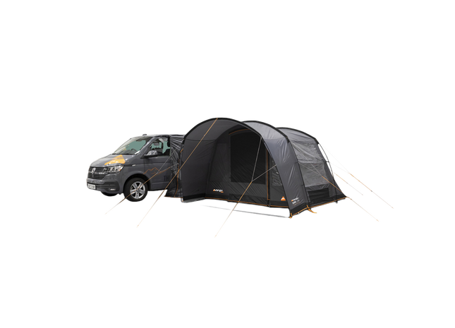 A Dark grey poled awning with a front poarch area, attached to a grey camper van, shown on a white background